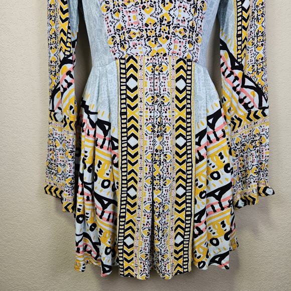 Free People Tegan Border Boho Mini Dress Floral Tunic Flowy Fairy Pockets Blue 4 - Picture 5 of 16
